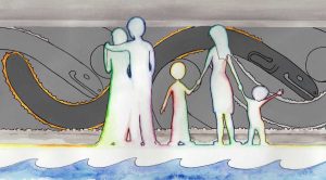 Illustration of family viewing Nelson Bridge Eels